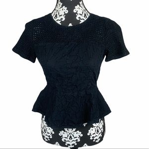 GAP Top Peplum Black Textured Short Sleeve Zipper